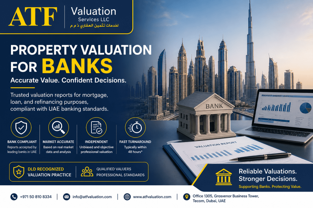 ATF Valuation banner showing Dubai skyline, a bank model, laptop with charts, and 'Property Valuation for Banks' headline.