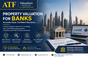 ATF Valuation banner showing Dubai skyline, a bank model, laptop with charts, and 'Property Valuation for Banks' headline.