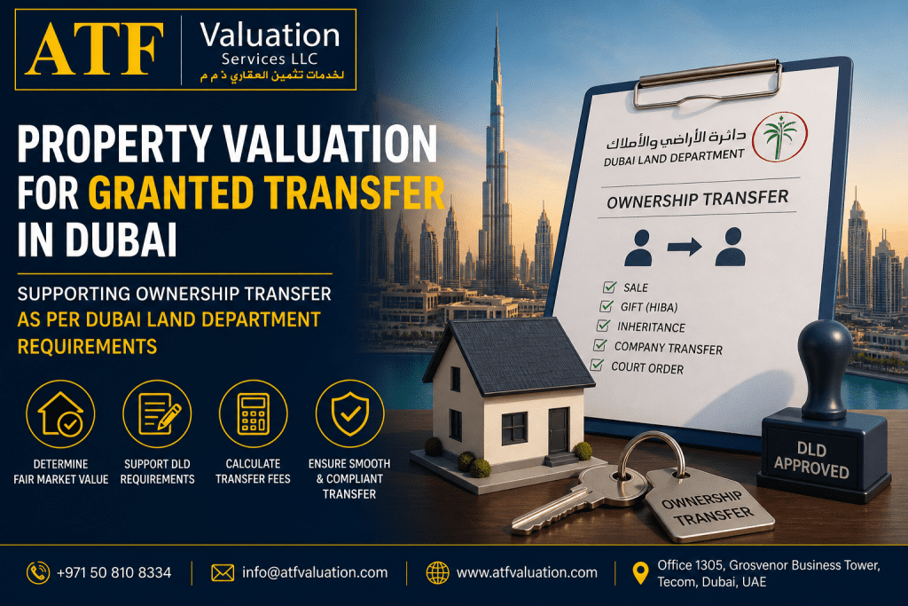 ATF Valuation Services banner advertising property valuation for granted transfer in Dubai with skyline, house model, and transfer icons.
