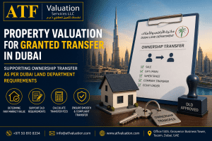 ATF Valuation Services banner advertising property valuation for granted transfer in Dubai with skyline, house model, and transfer icons.