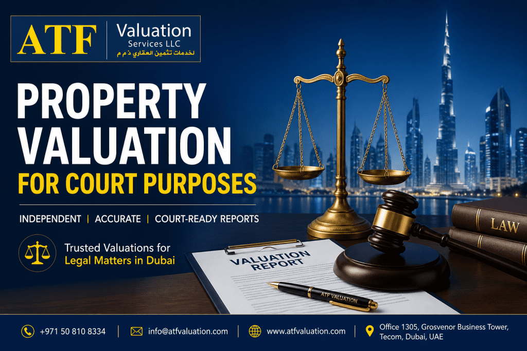 Advertisement banner for ATF Valuation Services with scales of justice, gavel, and bold text 'Property Valuation for Court Purposes' over a Dubai skyline backdrop.