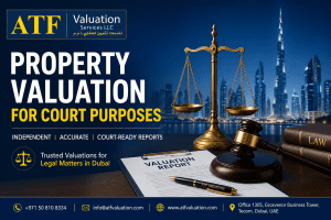 Advertisement banner for ATF Valuation Services with scales of justice, gavel, and bold text 'Property Valuation for Court Purposes' over a Dubai skyline backdrop.