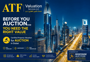 ATF Valuation Services ad: skyline of Dubai at night with bold white and yellow text about auction value and Dubai—promotes property valuation for auction.