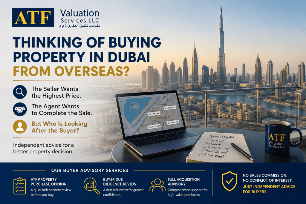 ATF Valuation Services ad showing Dubai skyline, a laptop with a property map, a checklist notebook, and a blue ATF mug.