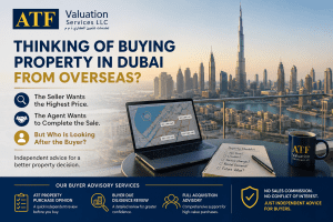 ATF Valuation Services ad showing Dubai skyline, a laptop with a property map, a checklist notebook, and a blue ATF mug.