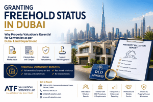Promotional infographic about granting freehold status in Dubai, with the Dubai skyline and a property valuation report on a clipboard as key elements.