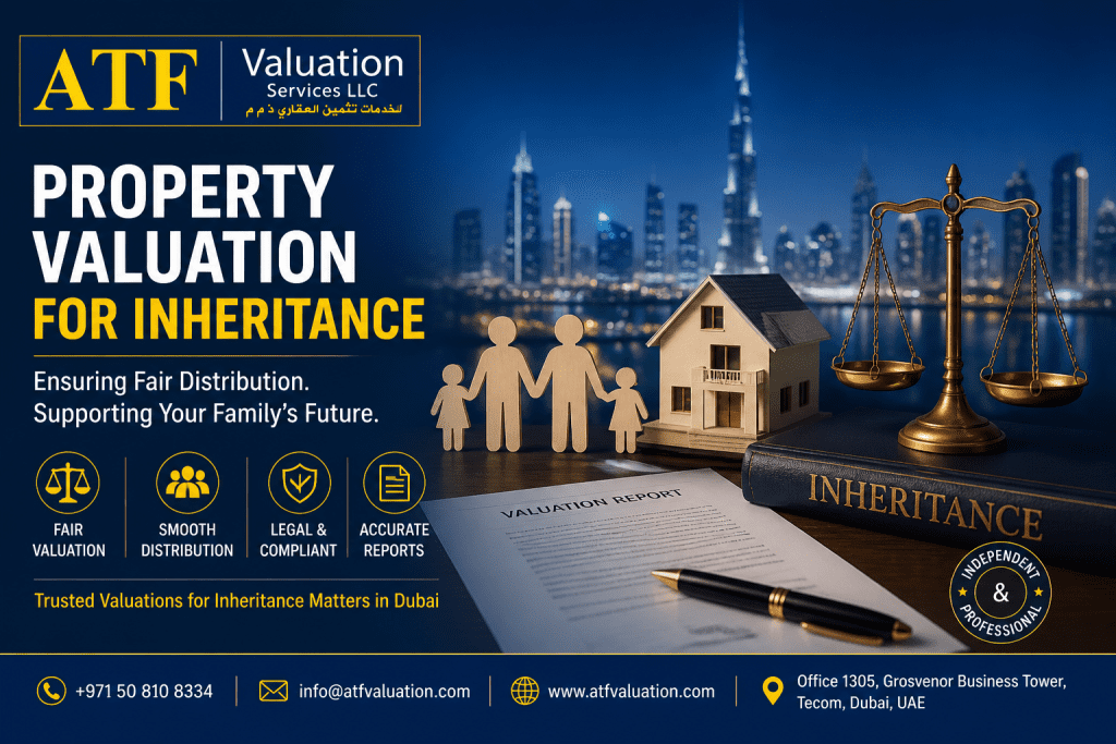 ATF Valuation Services ad featuring a scale, a model house, family icons, and a city skyline, promoting inheritance property valuation in Dubai.