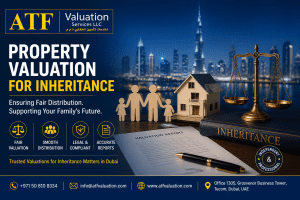 ATF Valuation Services ad featuring a scale, a model house, family icons, and a city skyline, promoting inheritance property valuation in Dubai.