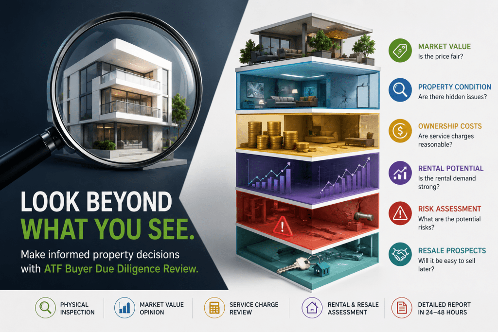 Cross‑section of a multi‑level building with a magnifying glass on the left and an infographic stack on the right, labeled with Market Value, Property Condition, Ownership Costs, Rental Potential, Risk Assessment, and Resale Prospects; headline about due diligence.